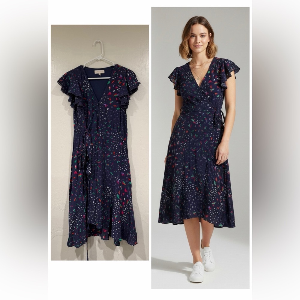 Anthropologie Caballero Navy Purple Floral Wrap Dress size S